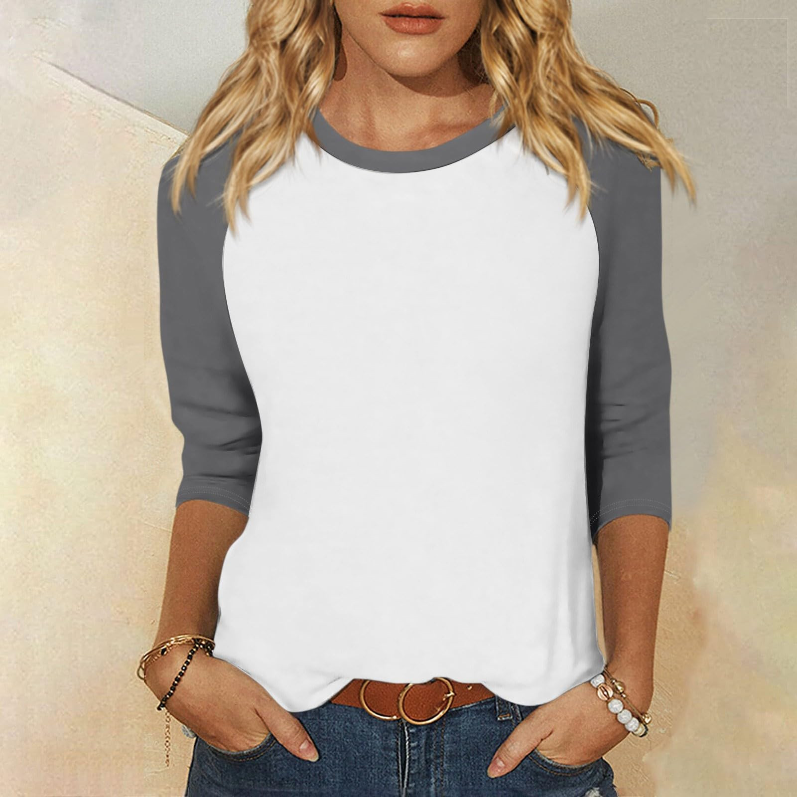 thumbnail image 2 of Camiseta informal de manga 3/4 y cuello redondo para mujer, versátil, de poliéster, tallas S-XXL, 2 of 5